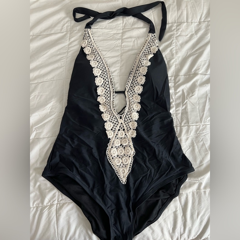 Kona Sol Black and White Crochet One Piece Swimsuit